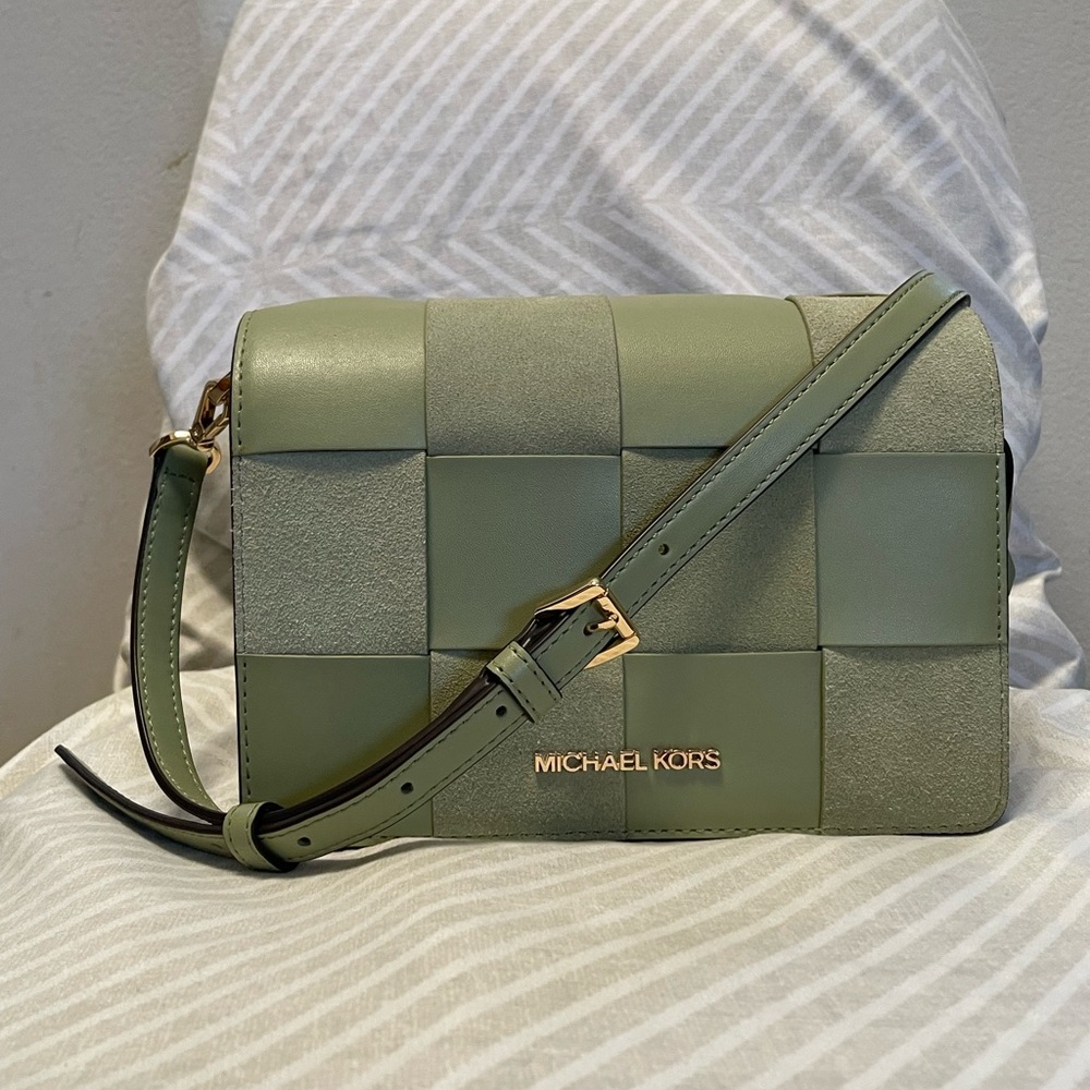 Michael Kors Mercer Sage Green Woven Leather Crossbody Bag